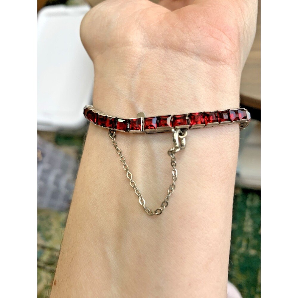 Vintage Red Rhinestone Tennis Bracelet 925 Sterling Silver Square Cut 7" - Picture 3 of 15